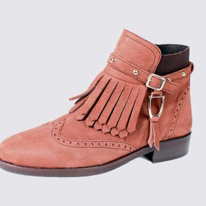Small size fringe ankle boot camel leather